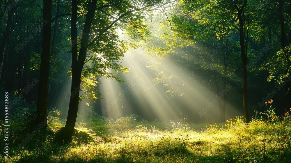Poster sunlight filtering through the lush forest canopy creating a serene and tranquil environment for a m