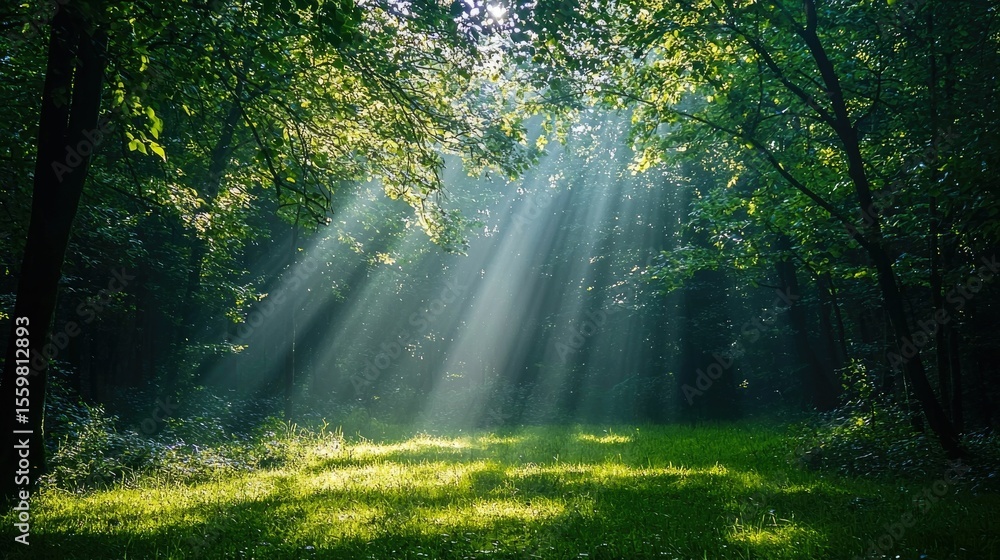 Poster sunlight filtering through the lush foliage of a serene forest landscape creating a peaceful and con