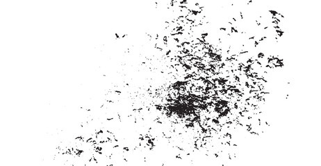 Monochromatic grunge texture on white backdrop showcases scattered abstract elements and textured shapes, creating an artistic and visually striking design element for various graphic applications