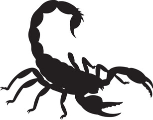 Black silhouette of a scorpion with raised tail and claws isolated on white background