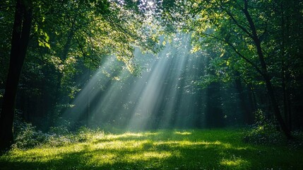 Obraz premium Sunlight Filtering Through the Lush Foliage of a Serene Forest Landscape Creating a Peaceful and Contemplative Environment for Mindfulness Practice and Spiritual Renewal