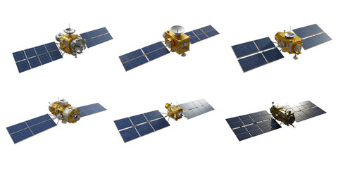 Celestial Sentinel: A captivating scene presents a collection of satellites soaring through the expanse of space, their solar panels gleaming with potential, ready to observe and connect.