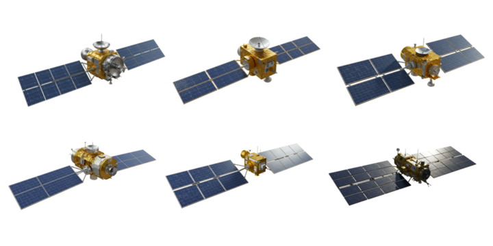 Celestial Sentinel: A captivating scene presents a collection of satellites soaring through the expanse of space, their solar panels gleaming with potential, ready to observe and connect.