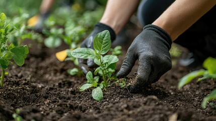 Close up view of hands of volunteers planting seedlings or seeds in soil of a lush green community garden  Concept of environmental conservation sustainability and local community engagement