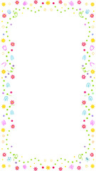 A whimsical border of colorful springtime flowers dots and playful green swirls on a clean white background