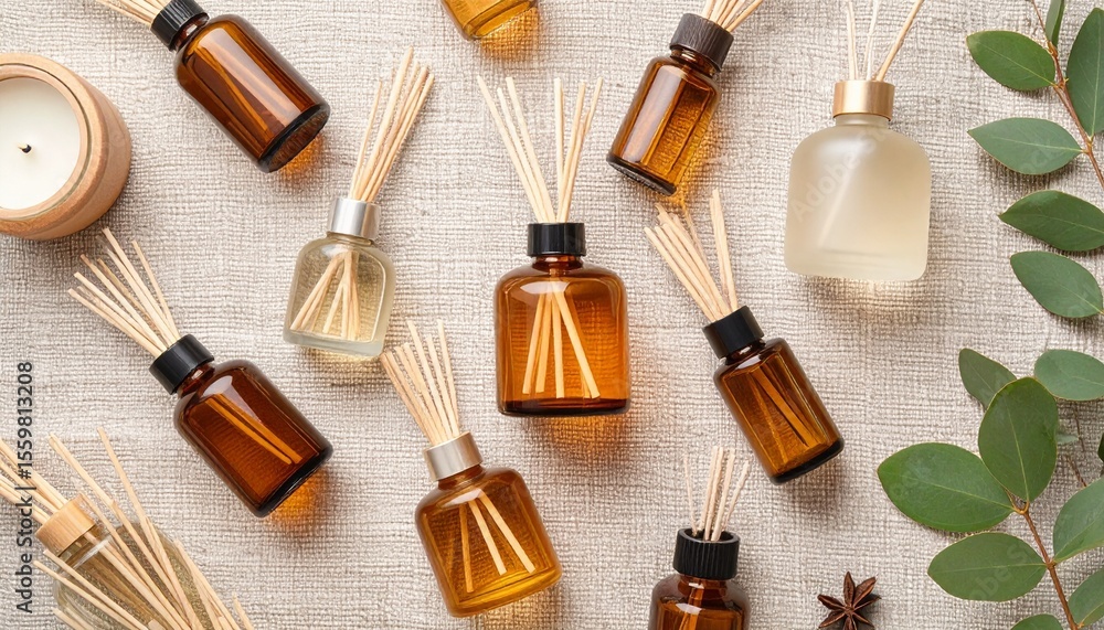 Poster dynamic flat lay of variety of essential oils on canvas background with cool hues and brightness