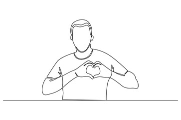 Continuous one line drawing of Young man keeps hands on chest in heart shape sign. Single line drawing illustration of Good guy. Expresses sympathy concept vector art. Doodle line illustration.