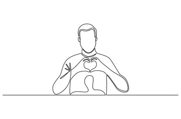 Continuous one line drawing of Young man keeps hands on chest in heart shape sign. Single line drawing illustration of Good guy. Expresses sympathy concept vector art. Doodle line illustration.
