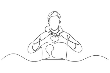 Continuous one line drawing of Young man keeps hands on chest in heart shape sign. Single line drawing illustration of Good guy. Expresses sympathy concept vector art. Doodle line illustration.