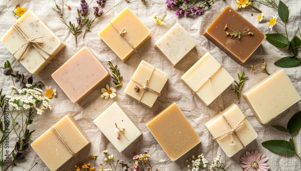 Poster elegant flat lay of natural soaps and flowers on a table with soft linen background