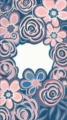 Whimsical floral border design with swirling petals in shades of pink blue and gray creating a playful abstract pattern