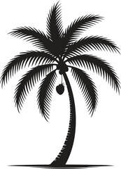 Silhouette of a single palm tree with coconuts against a white background