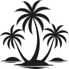 Silhouette of three palm trees on a small island with water reflections