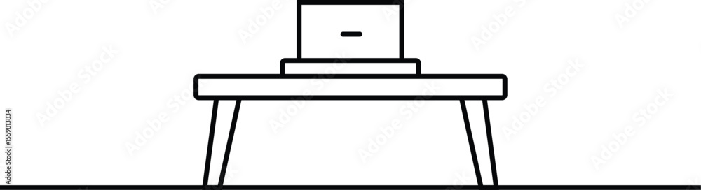 Poster simple line drawing of a laptop on a small table isolated on white background