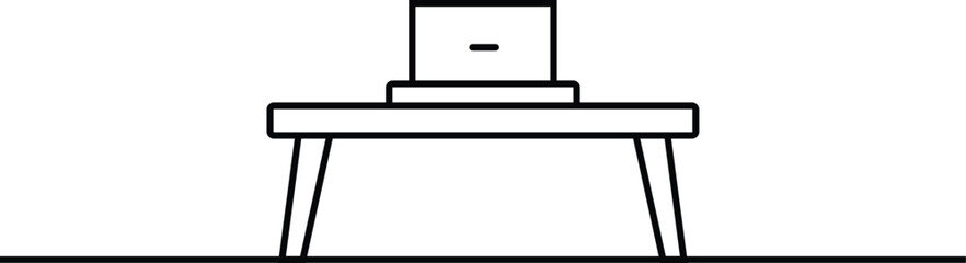 Simple line drawing of a laptop on a small table isolated on white background