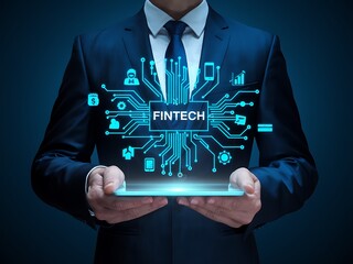 Businessman presenting fintech network technology digital