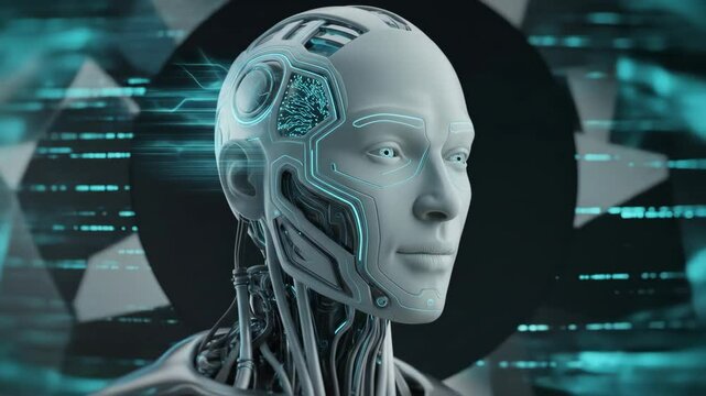 Advanced robotic head design against a complex background with visual data streams digital futuristic technology illustration
