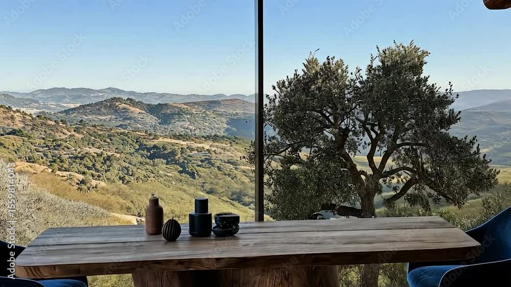 Poster rustic dining area with panoramic mountain view