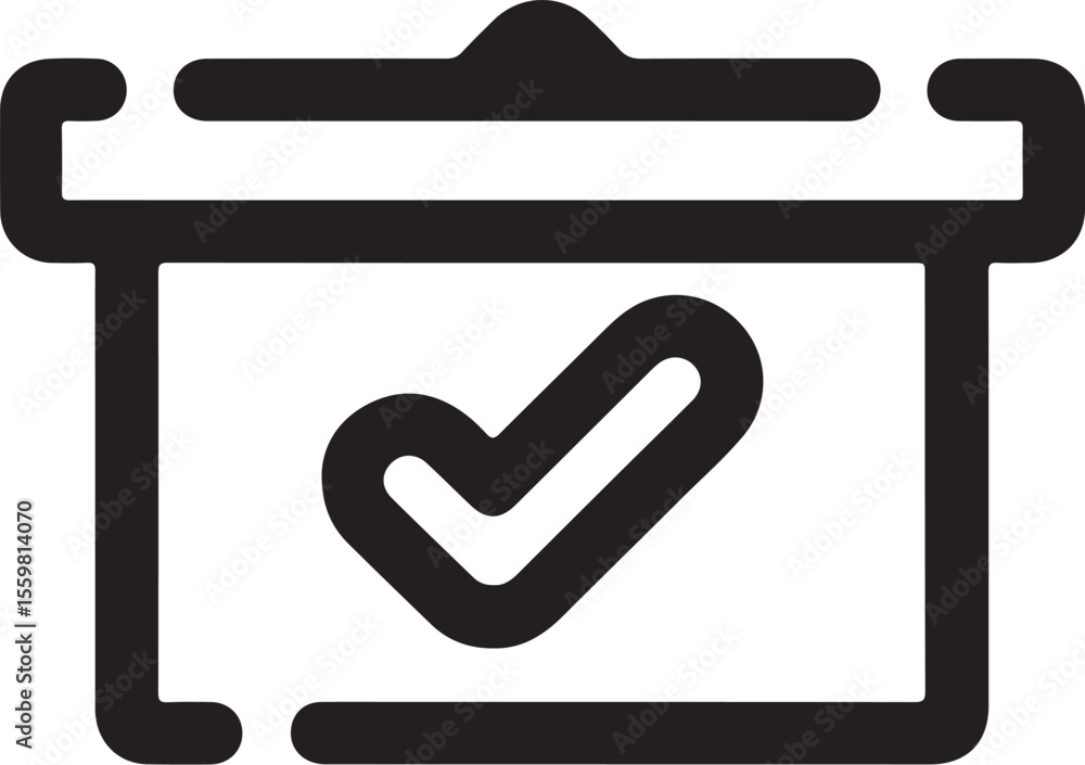 Poster simple black outline icon of a folder with a checkmark inside isolated on white background
