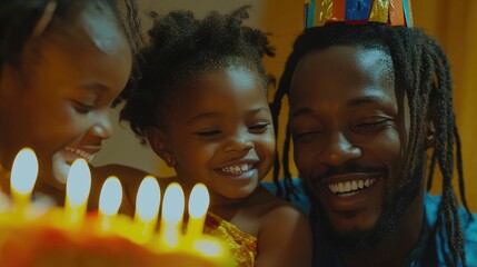 Joyful African family celebrating a birthday together at home smiling and laughing around a cake with lit candles creating a festive and cherished moment of togetherness and tradition
