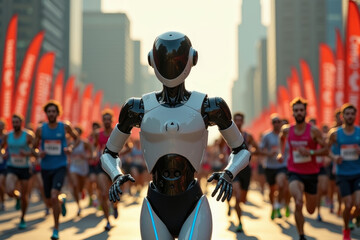 A robot machine or android run marathon with blurred people on background. AI