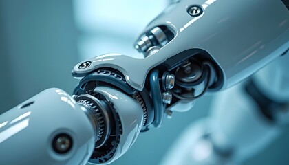 Close Up of Advanced Gray Robotic Arm with Mechanical Joints and Connectors in Laboratory Setting