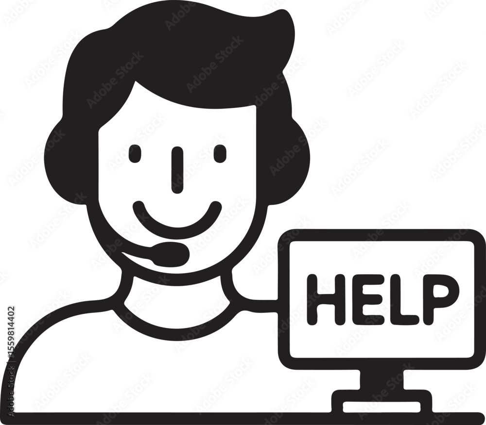 Fototapete customer service representative with headset and computer displaying help text isolated on white bac