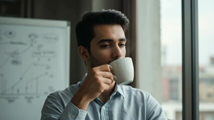 Thoughtful businessman drinking coffee looking out office window - Powered by Adobe