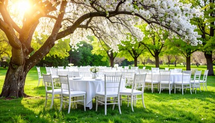 Exquisite wedding setup featuring elegant tables and chairs in a serene garden under a tree