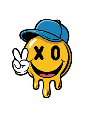 Dripping Smiley Face with Cap Peace Sign Art, Urban yellow dripping smiley face wearing a cap, showing a cartoon hand peace sign, ideal for pop, street, and graffiti-inspired designs.

