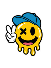 Dripping Smiley Face with Cap Peace Sign Art, Urban yellow dripping smiley face wearing a cap, showing a cartoon hand peace sign, ideal for pop, street, and graffiti-inspired designs.


