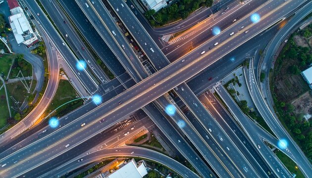 Futuristic overhead view of highway intersection with autonomous vehicles on modern city roads