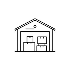 Black line icon of a warehouse representing inventory and supply chain management
