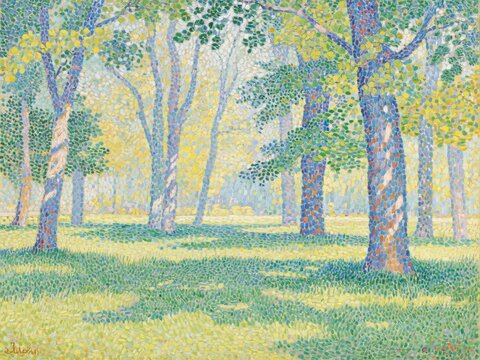 Pointillist Forest Scene with Dappled Light and Lush Greenery