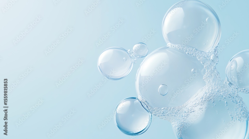 Poster bubbles floating in clear water against a soft blue background, creating a tranquil and refreshing a