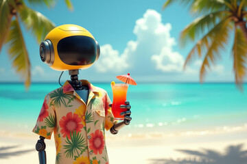 Robot On Vacation With Cocktail on beach background. AI
