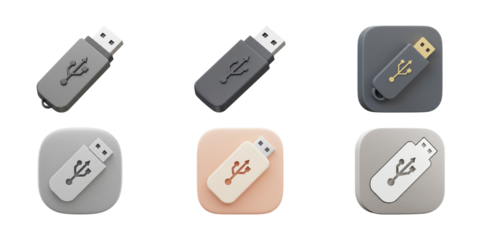Data Storage Icons: Six diverse usb flash drive icons. representing the concept of data storage and information exchange. capturing the modern feel of the technology