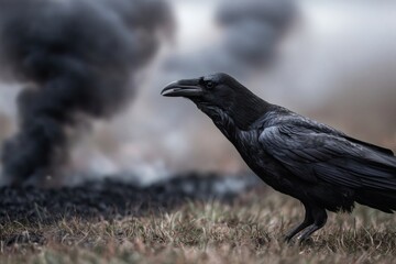 Naklejka premium Raven Perched on Rocks with Smoky Background