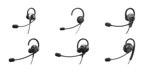 Modern Headset Ensemble: A collection of sleek, modern headsets, each meticulously designed with a focus on comfort and clarity, presents a comprehensive array of audio solutions.