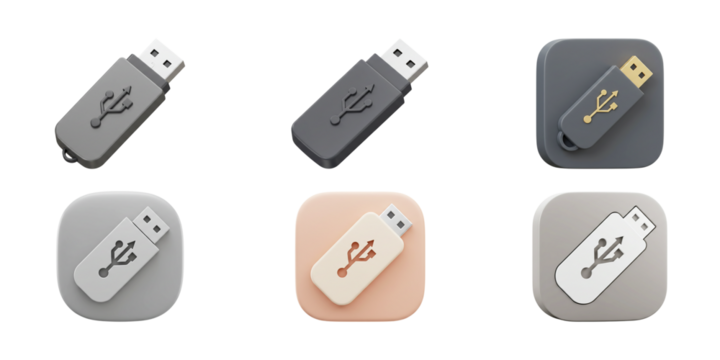 Data Storage Icons: Six diverse usb flash drive icons. representing the concept of data storage and information exchange. capturing the modern feel of the technology