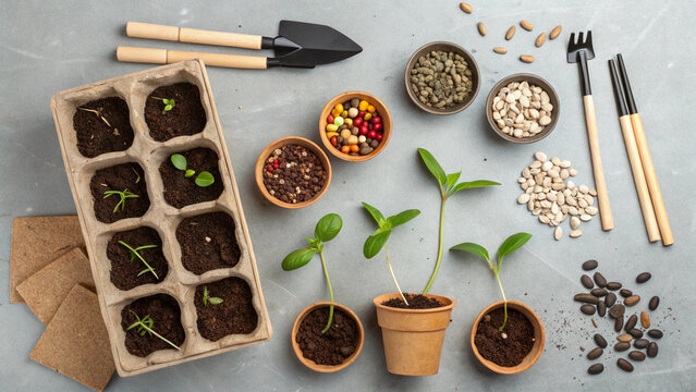 Spring Gardening Flatlay Seeds Seedlings and Pots isolated on Grey Surface