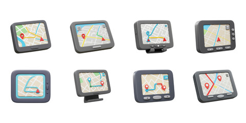 Navigation Array: A collection of GPS navigation devices showing diverse routes and destinations, symbolizing travel, technology, and modern wayfinding.