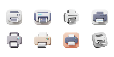 Printing Icons: A set of diverse printer icons showcase the versatility of modern printing technology, perfect for representing digital document output and office equipment.