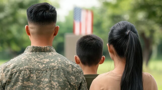 Young family visiting a veterans memorial, learning about sacrifices for freedom
