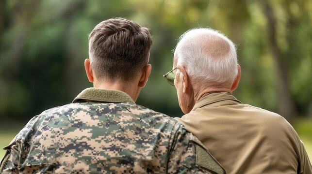 Young soldier with elderly veteran, sharing stories of service and sacrifice