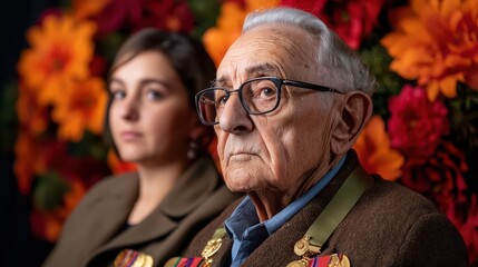 Elderly veteran with medals, surrounded by family at Veterans Day event