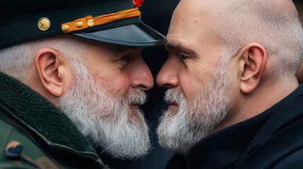 Emotional embrace between veterans at a ceremony, camaraderie and honor
