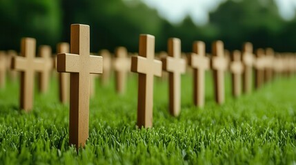 Field of small flags in a cemetery, symbolizing remembrance on Veterans Day