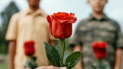 Families placing flowers on graves of soldiers, Veterans Day remembrance ceremony