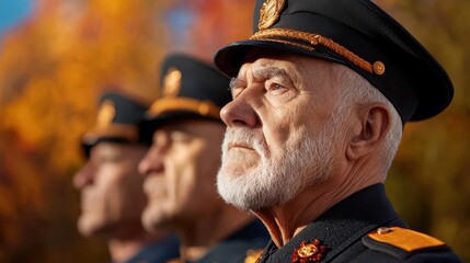 Group of veterans in uniform at a remembrance ceremony, honoring camaraderie and history